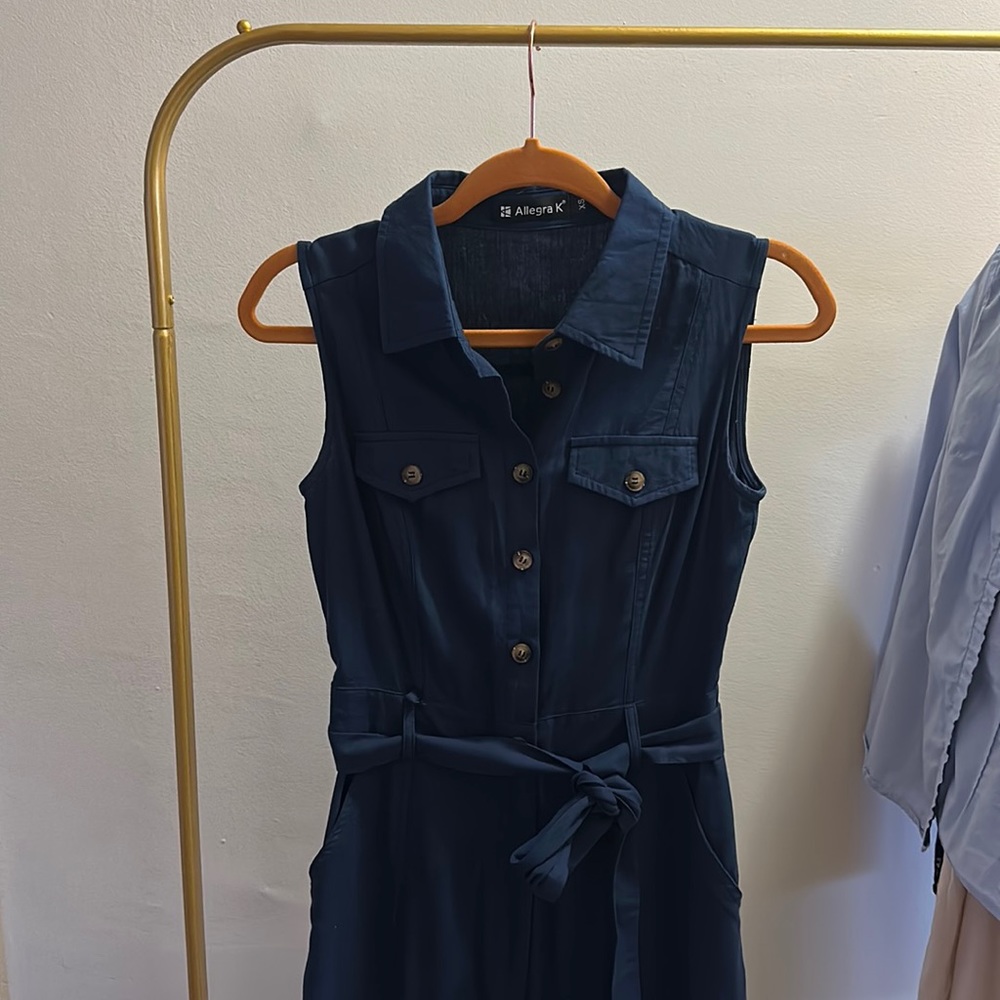 Navy Blue Sleeveless Full Length Romper.